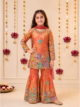 Tiny Kingdom - Orange Tissue Full Sleeves Embroidered Top With Sharara & Dupatta