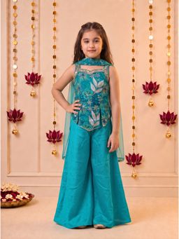 Tiny Kingdom - Blue Polyester Sleeveless Embroidered Top With Palazzo & Dupatta