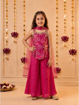 Tiny Kingdom - Pink Polyester Sleeveless Embroidered Top With Palazzo & Dupatta