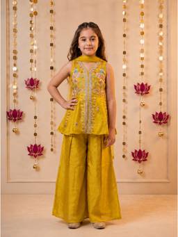 Tiny Kingdom - Mustard Tissue Sleeveless Embroidered Top With Palazzo & Dupatta