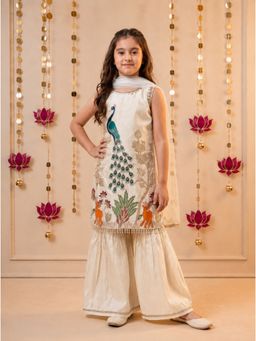 Tiny Kingdom - Cream Tissue Sleeveless Embroidered Top With Sharara & Dupatta