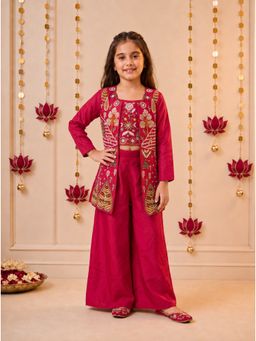 Tiny Kingdom - Magenta Satin Full Sleeves Embroidered Top With Palazzo & Jacket
