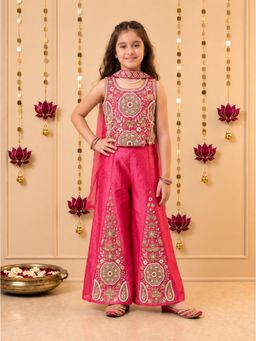 Tiny Kingdom - Magenta Tissue Sleeveless Embroidered Top With Palazzo & Dupatta