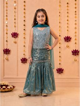 Tiny Kingdom - Teal Tissue Sleeveless Embroidered Top With Lehenga & Dupatta