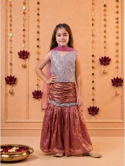 Tiny Kingdom - Maroon Tissue Sleeveless Embroidered Top With Lehenga & Dupatta