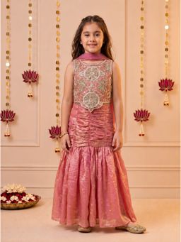 Tiny Kingdom - Pink Tissue Sleeveless Embroidered Top With Lehenga & Dupatta