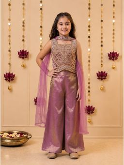 Tiny Kingdom - Purple Tissue Sleeveless Embroidered Top With Palazzo & Dupatta