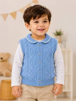 Mi Arcus - Blue Cotton Solid Knitted Sleeveless Cardigan