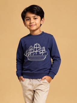 Mi Arcus - Navy Blue Cotton Full Sleeves Embroidered Sweatshirt