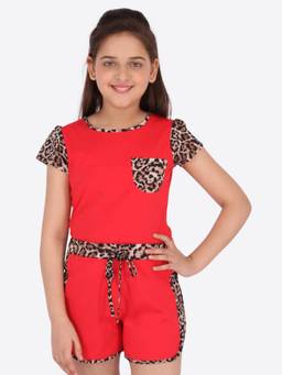 Cutecumber - Red Georgette Full Sleeves Animal Print Top With Shorts