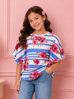 Cutecumber - Blue Knitted Half Sleeves Printed Top
