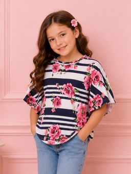 Cutecumber - Navy Blue Knitted Half Sleeves Printed Top