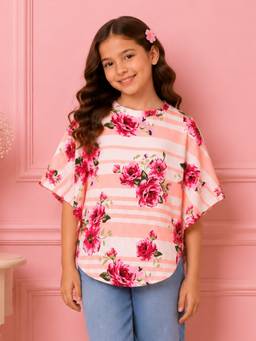 Cutecumber - Peach Knitted Half Sleeves Printed Top