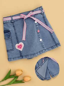 Cutecumber - Blue Denim Mid Waist Embroidered Skort With Belt