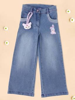 Cutecumber - Girls Cotton Rich Denim Wide-Leg Jeans - Bunny Embroidery