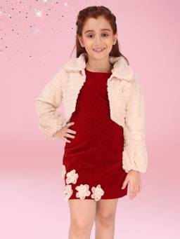 Cutecumber - Red Velvet Dress with Beige Fur Jacket
