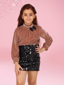Cutecumber - Brown Sequin Full Sleeves Embellished/Sequined Dress