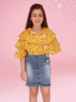Cutecumber - Yellow Denim Half Sleeves Floral Dress