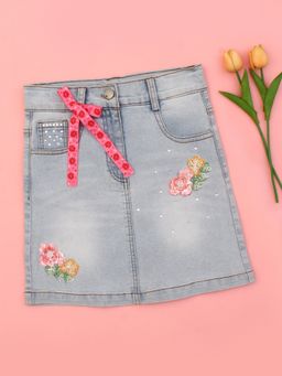 Cutecumber - Blue Denim Mid Waist Embroidered Skort
