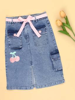 Cutecumber - Blue Denim Mid Waist Embroidered Skort