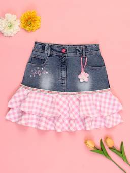 Cutecumber - Girls Denim and Cotton Checkered HemFlared Blue Skirt