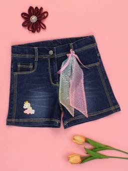 Cutecumber - Blue Denim Mid Waist Embroidered Shorts