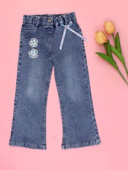 Cutecumber - Blue Denim Flared Jeans Floral Applique Patch Wide Leg Stylish Trendy