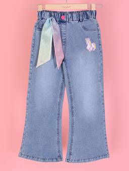 Cutecumber - Blue Denim Flared Jeans Floral Applique Patch Wide Leg Stylish Trendy