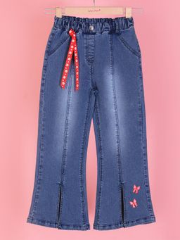 Cutecumber - Blue Denim Flared Jeans Floral Applique Patch Wide Leg Stylish Trendy