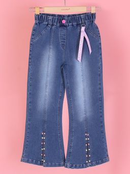 Cutecumber - Blue Denim Flared Jeans Floral Applique Patch Wide Leg Stylish Trendy