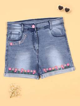 Cutecumber - Blue Denim Mid Waist Embroidered Shorts