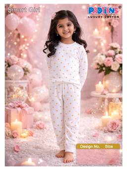 Protiens - White Cotton Lycra Full Sleeves Printed T-shirt With Pyjama
