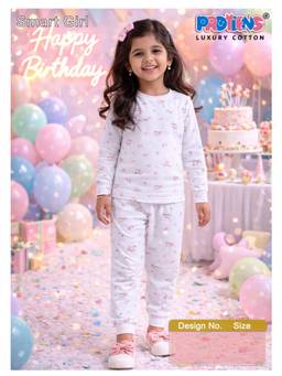 Protiens - White Cotton Lycra Full Sleeves Printed T-shirt With Pyjama