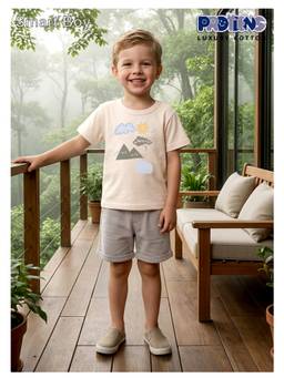 Protiens - Beige Cotton Lycra Half Sleeves Printed T-shirt With Shorts