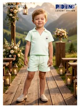 Protiens - Green Cotton Lycra Half Sleeves Printed Polo T-shirt With Shorts