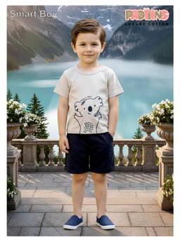 Protiens - Beige Cotton Lycra Half Sleeves Printed T-shirt With Shorts