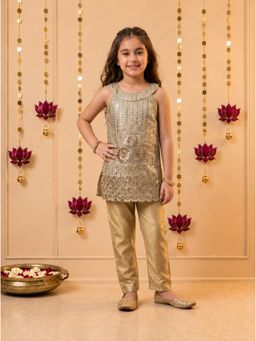 Tiny Kingdom - Gold Polyester Sleeveless Embellished/Sequined Kurta With Pant