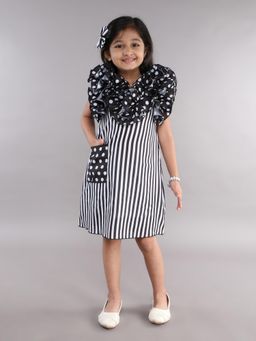 Pink Chick - Black Stripes Ruffle Neck A Line Dress