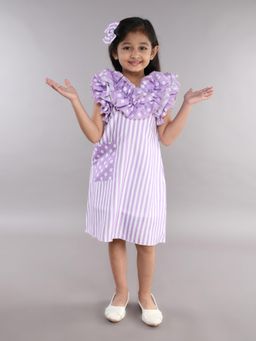 Pink Chick - Purple Stripes Ruffle Neck A Line Dress