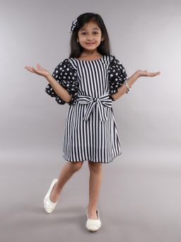 Pink Chick - Black Puff Sleeves Stripes Print A-Line Dress with Belt (Set of 2)