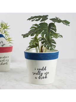 HomeTown - Pep Pop Metal Funky Quote Planter 19Cm in Off White & Indigo Colour