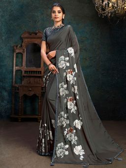 Odette - Grey Silk Georgette Designer Saree with Unstitched Blouse