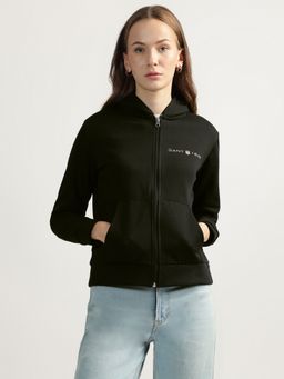 GANT - Black Solid Hooded Full Sleeves Front-Open Sweatshirt