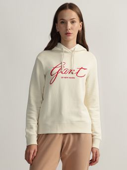 GANT - Cream Printed Hooded Full Sleeves Pullover Style Sweatshirt