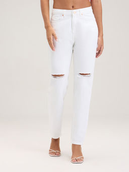 Twenty Dresses by Nykaa Fashion - Marilyn White Ripped Slim Fit Ankle Length Denim