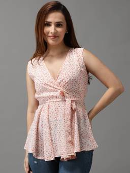 SHOWOFFFF - Womens Floral V-neck Peach Peplum Regular Top