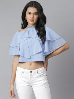 KASSUALLY - Blue Embellished Choker Neck Ruffled Georgette Crop Top