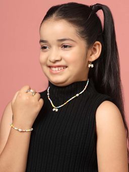 Carlton London - Gold Pleated Colourful Beads Pearl and Dangling Bow Enamel Jewellery Set