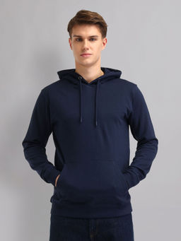 AD By Arvind - Modern Slim Fit Solid Hoodie-Navy Blue