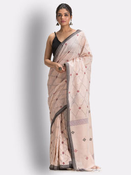 Angoshobha - Peach Handloom Cotton Jamdani Saree with Unstitched Blouse
